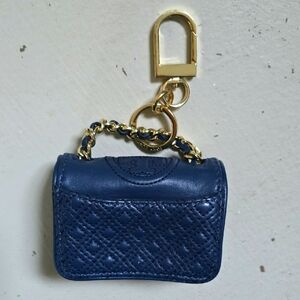 Tory Burch Blue Leather Quilted Mini Purse Charm Keychain